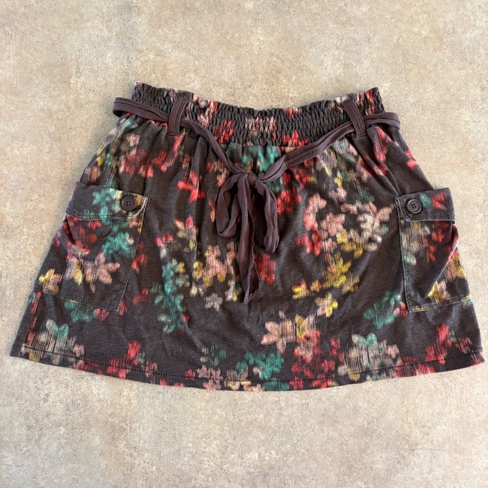 Unionbay Floral Mini Skirt Smocked Waist Cargo Pockets Brown Multicolor Y2K